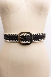 Crochet Trimmed Woven Leather Belt: Ivory