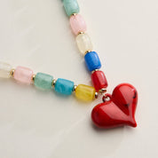 Colorful Beaded Heart Necklace | Multi-Color Barrel Bead Statement Necklace for Women: BK / ONE