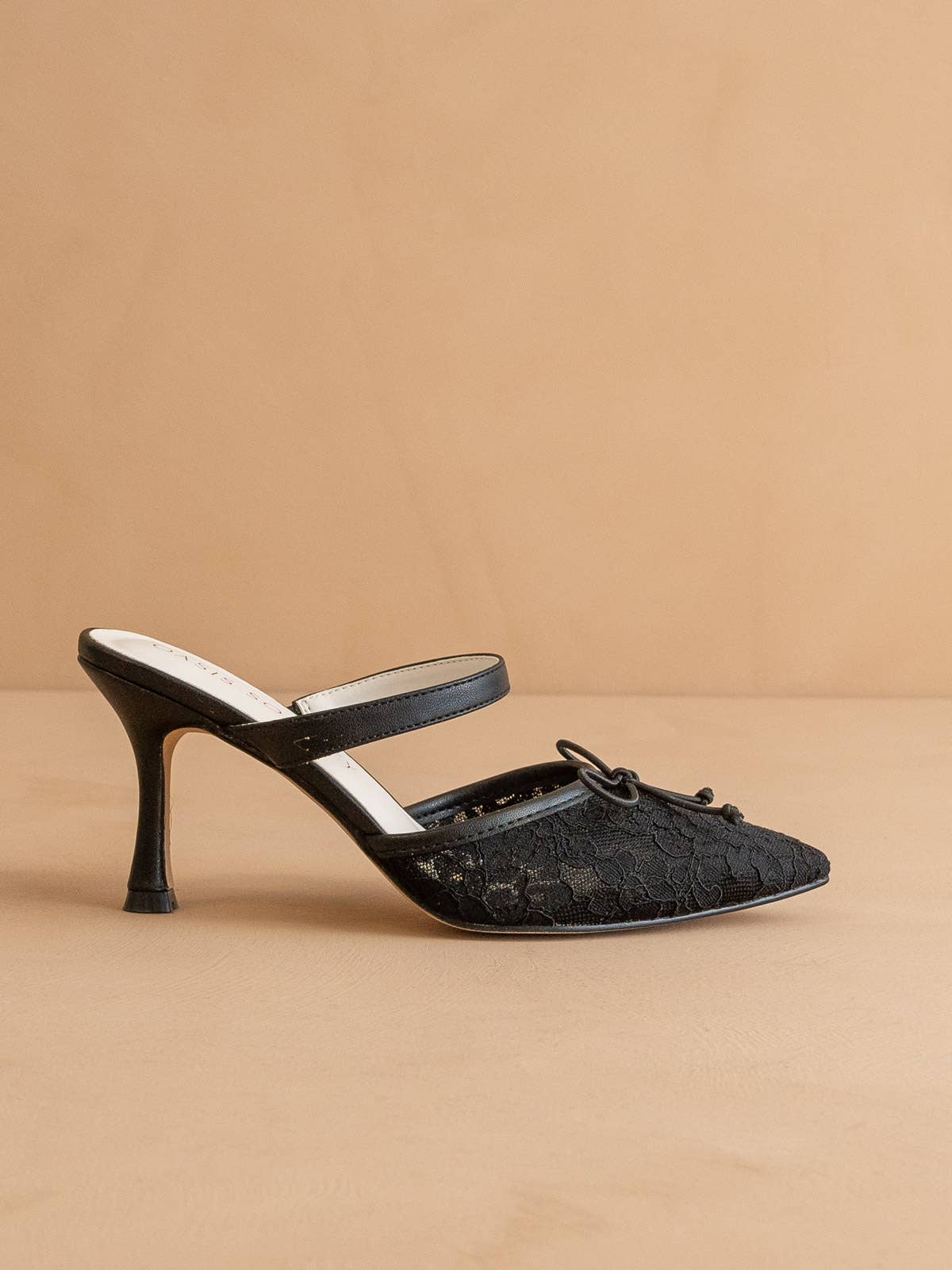 The Katie | Black Lace Pointed Toe Mid Heel Fall Mule: BLACK / 10