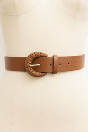 Weave Style D Ring Buckle Leather Belt: Caramel