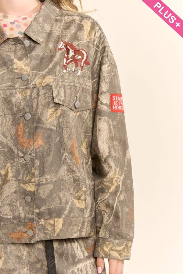 PLUS CROPPED CAMO RODEO JACKET: TAUPE REAL TREE / 1X-2X-3X(3-2-1)