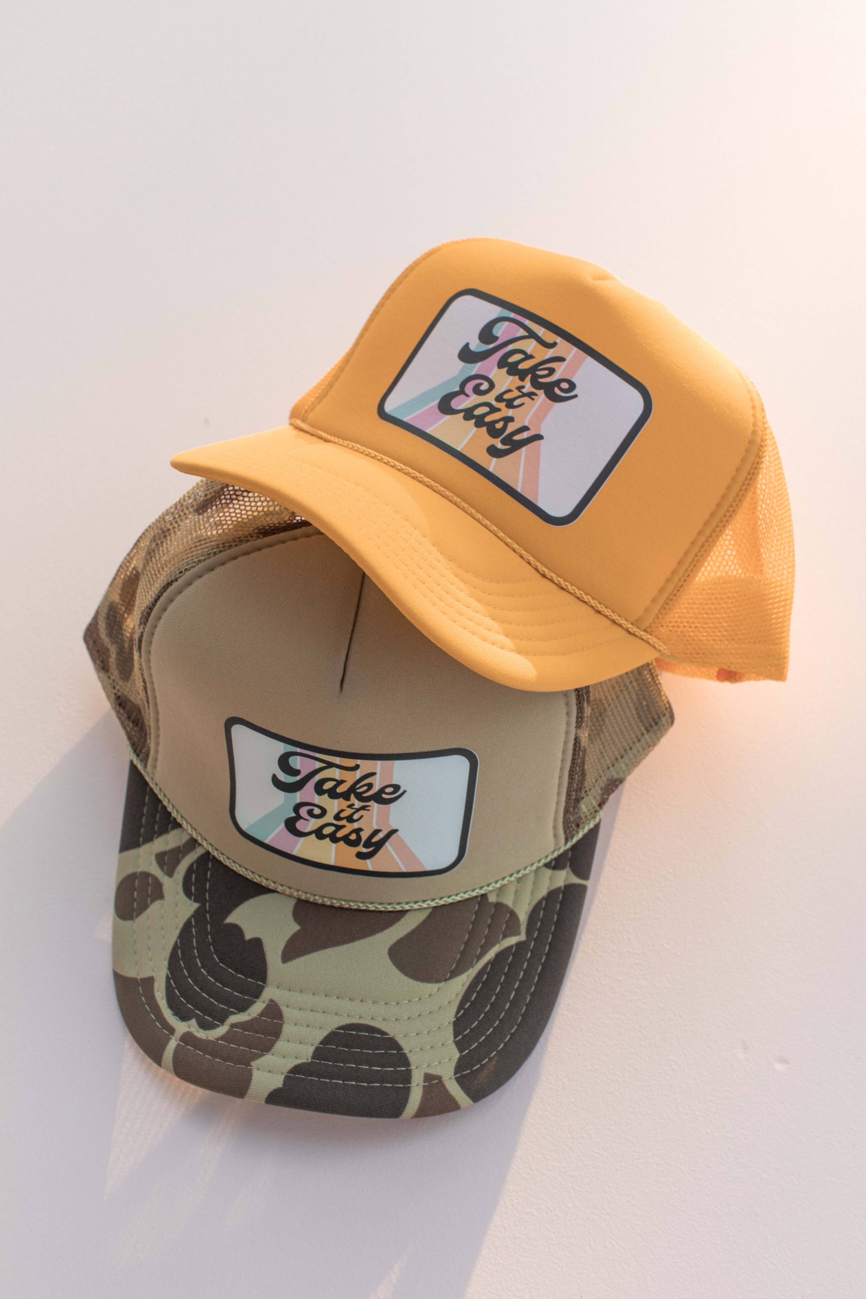 Take it Easy Rainbow Retro Trucker Hat Cap: Gold