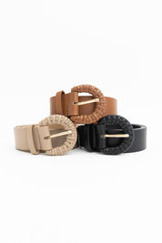 Weave Style D Ring Buckle Leather Belt: Caramel