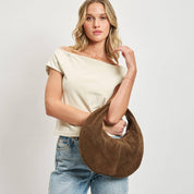 Farrah Genuine Suede Leather Hobo: Chocolate