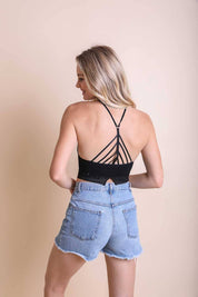 High Neck Crochet Lace Trim Bralette- Black