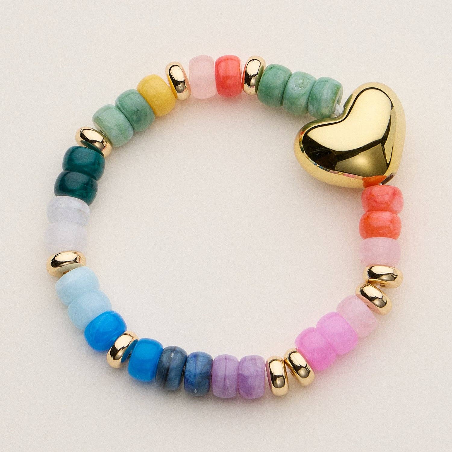 Heishi Bead Heart Stretch Bracelet | Gold Tone Charm: MT