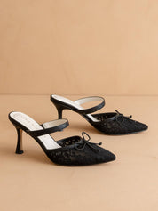 The Katie | Black Lace Pointed Toe Mid Heel Fall Mule: BLACK / 7
