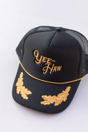 Embroidery Yee Haw Trucker Hat Cap: Black Gold Leaf