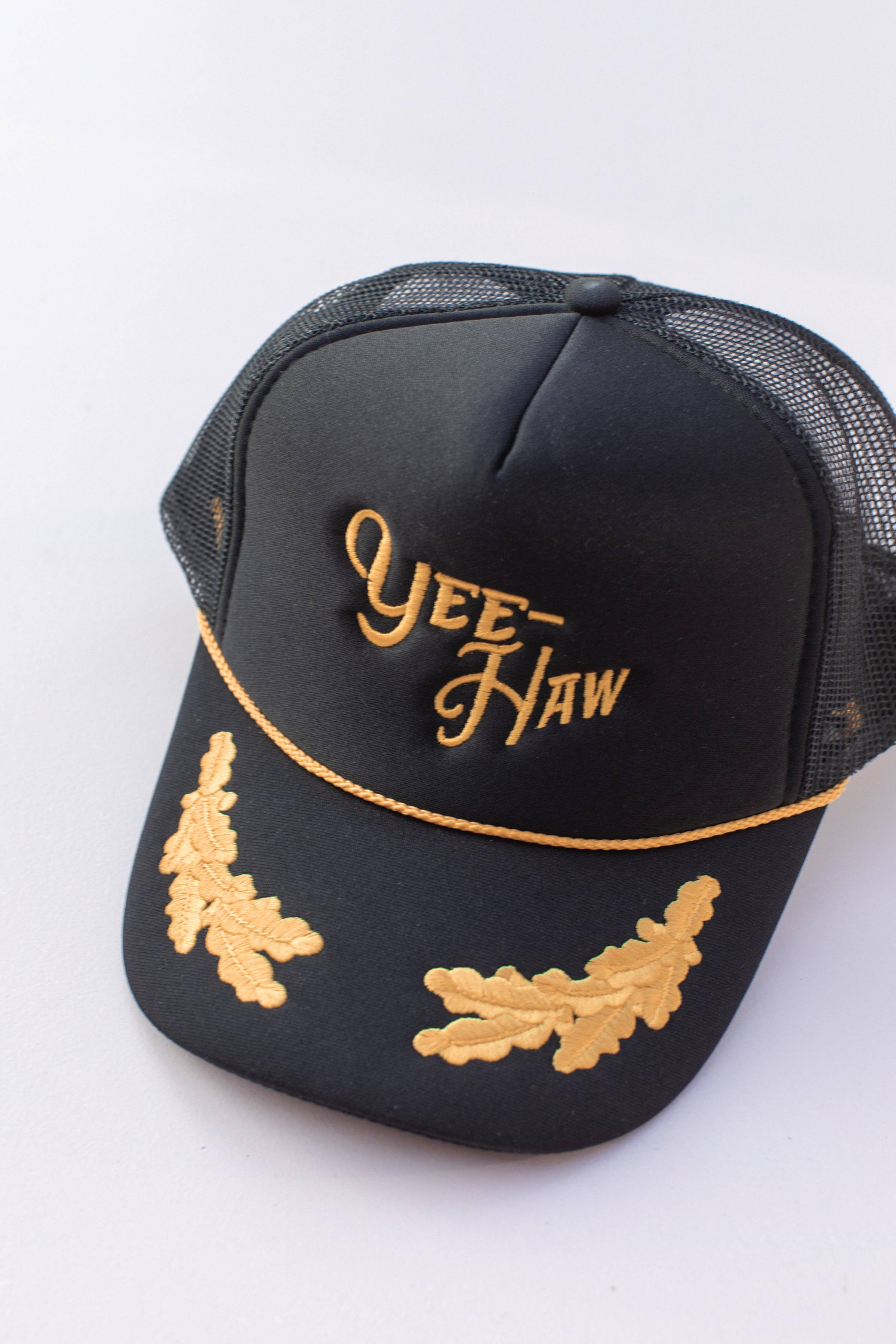 Embroidery Yee Haw Trucker Hat Cap: Black Gold Leaf