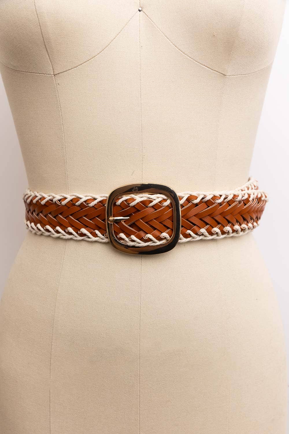 Crochet Trimmed Woven Leather Belt: Ivory