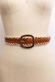 Crochet Trimmed Woven Leather Belt: Ivory