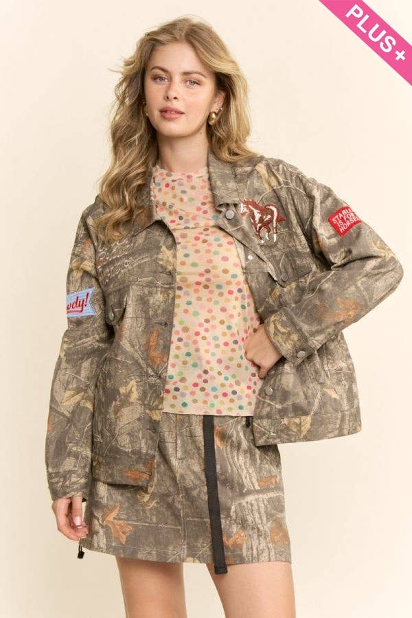 PLUS CROPPED CAMO RODEO JACKET: TAUPE REAL TREE / 1X-2X-3X(3-2-1)