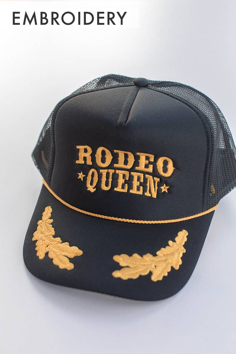 Embroidery Western Rodeo Queen Trucker Hat Cap: Black Gold Leaf
