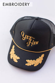 Embroidery Yee Haw Trucker Hat Cap: Black Gold Leaf