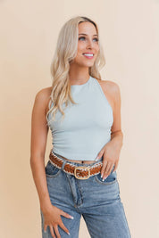 Crochet Trimmed Woven Leather Belt: Camel