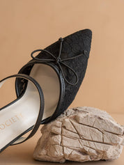 The Katie | Black Lace Pointed Toe Mid Heel Fall Mule: BLACK / 6