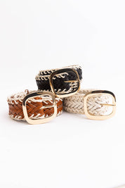 Crochet Trimmed Woven Leather Belt: Ivory