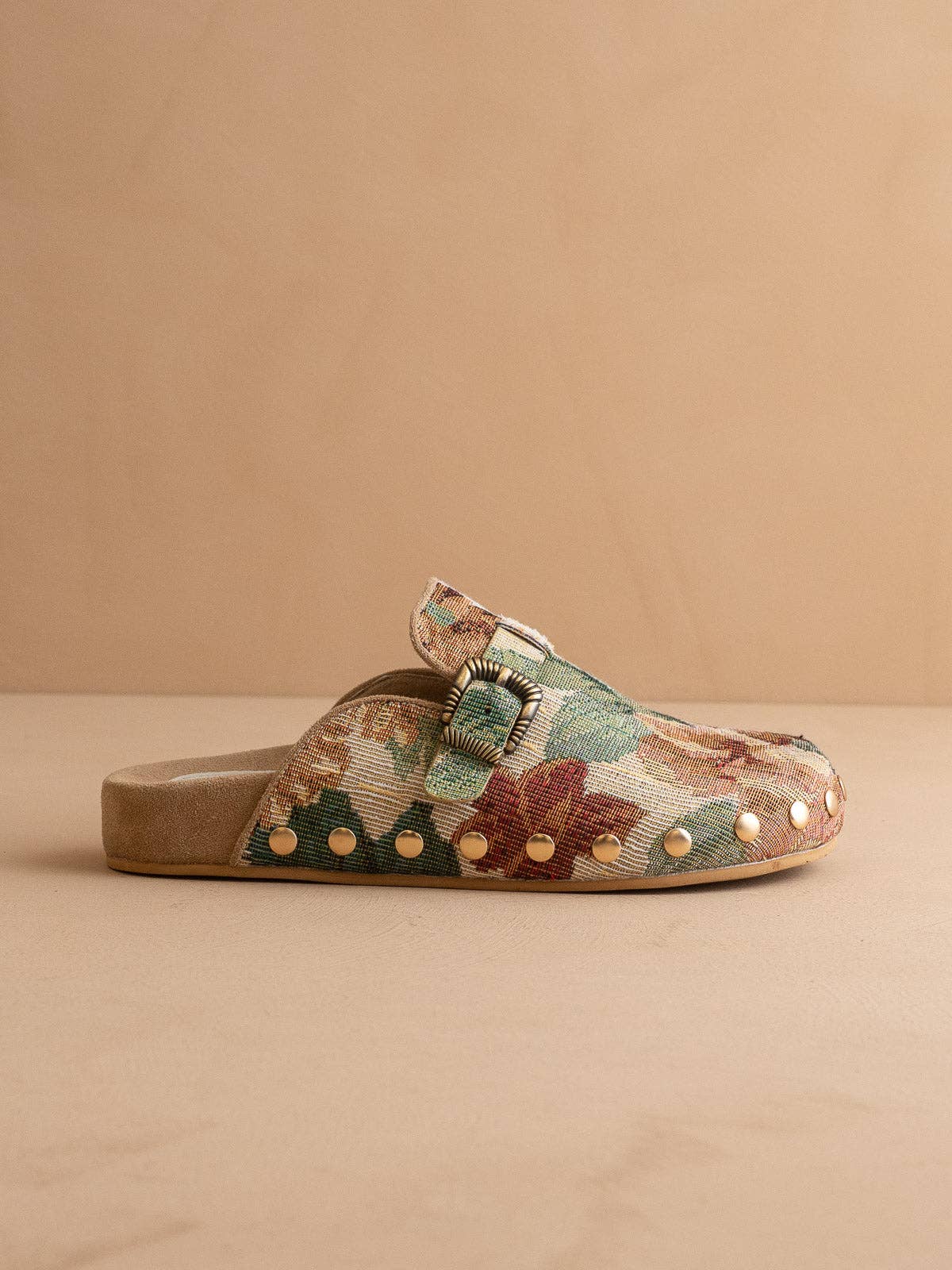 The Toni | Floral Tapestry Studded Buckle Fall Clog: FLORAL TAPESTRY / 8.5